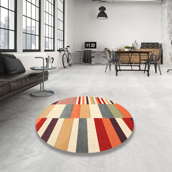 Round Contemporary Brown Gold Patchwork Rug in a Office, con678