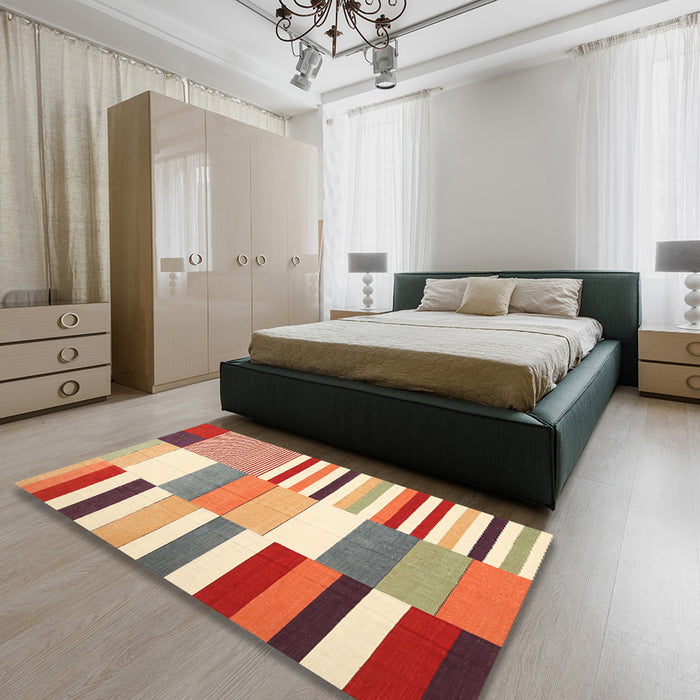 Contemporary Brown Gold Patchwork Rug in a Bedroom, con678