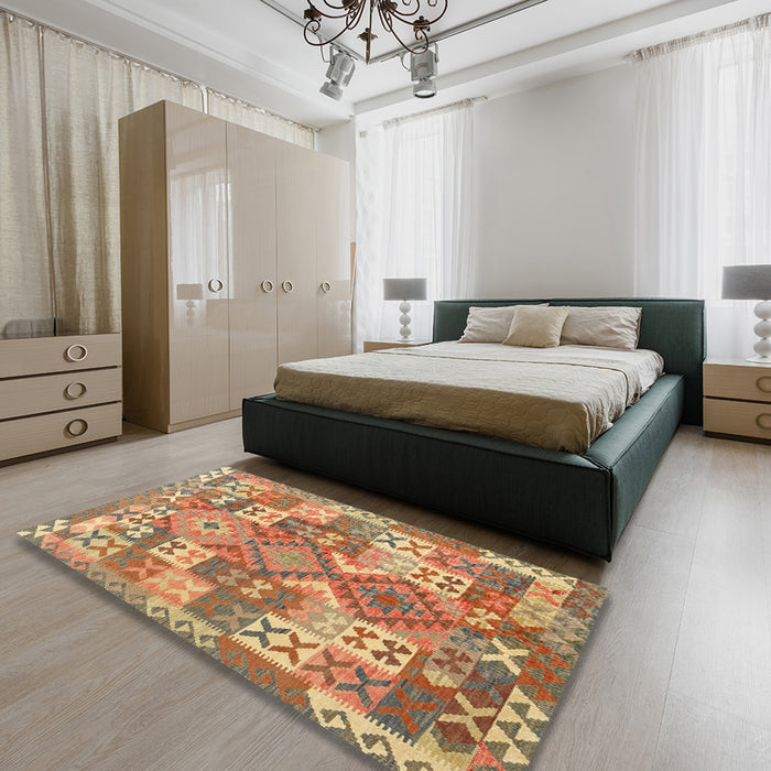 Contemporary Sand Brown Southwestern Rug in a Bedroom, con682