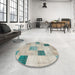 Round Contemporary Sage Green Patchwork Rug in a Office, con758