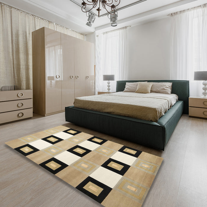 Contemporary Brown Checkered Rug in a Bedroom, con805