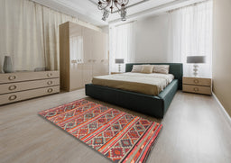 Contemporary Camel Brown Oriental Rug in a Bedroom, con810