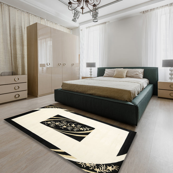 Contemporary Blanched Almond Beige Modern Rug in a Bedroom, con812