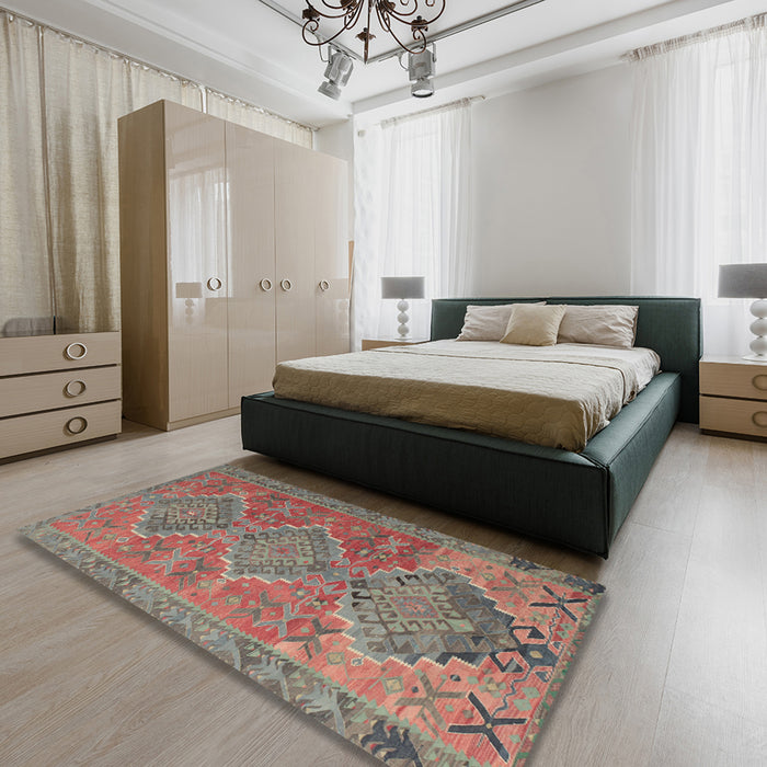 Contemporary Cherry Red Oriental Rug in a Bedroom, con821