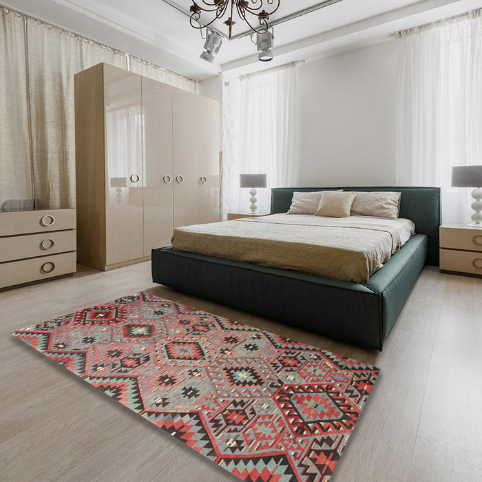 Contemporary Brown Red Southwestern Rug in a Bedroom, con851