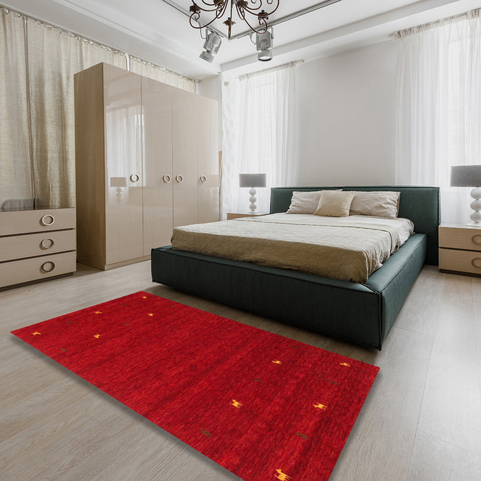 Contemporary Orange Red Modern Rug in a Bedroom, con932