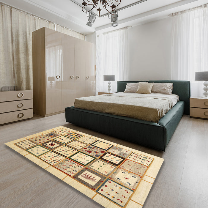 Contemporary Brown Gold Modern Rug in a Bedroom, con937