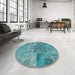 Round Contemporary Teal Green Patchwork Rug in a Office, con940