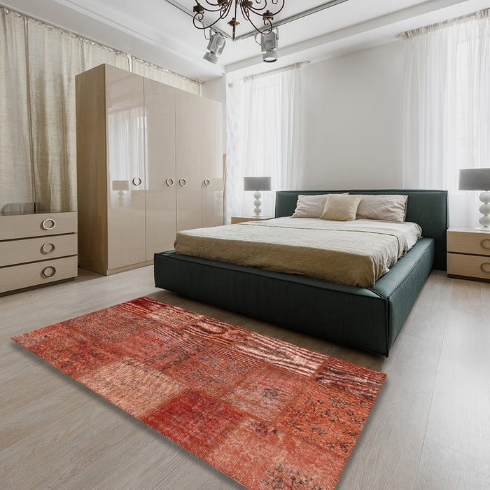 Contemporary Orange Patchwork Rug in a Bedroom, con941