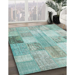 Contemporary Tiffany Blue Patchwork Rug in Family Room, con944