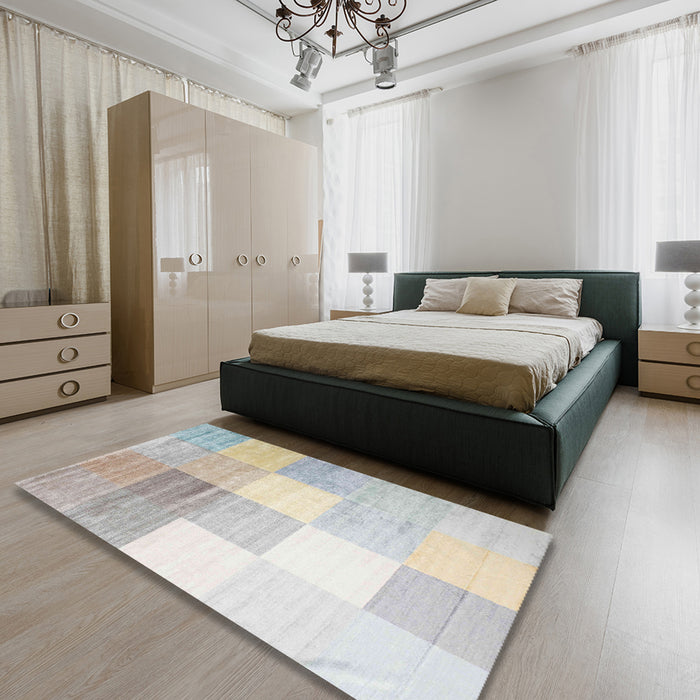 Contemporary Dark White Beige Modern Rug in a Bedroom, con957