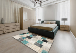 Contemporary Desert Sand Beige Patchwork Rug in a Bedroom, con976