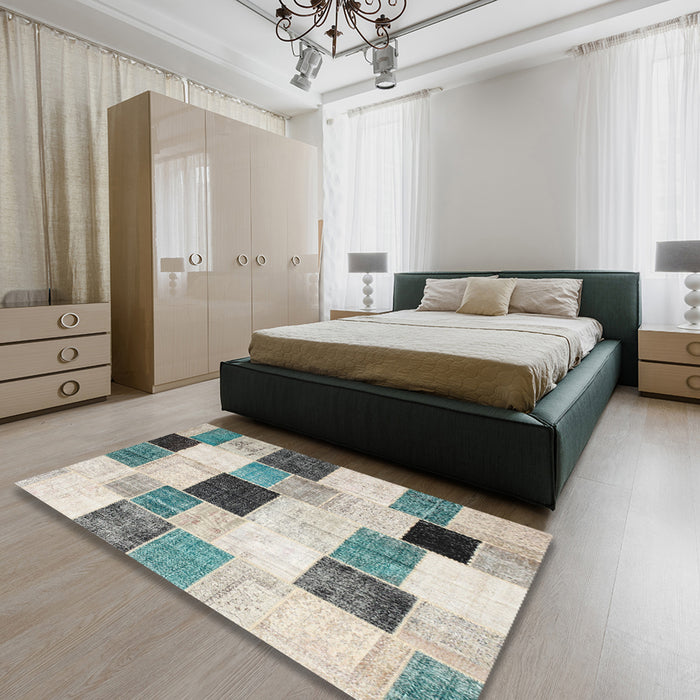 Contemporary Desert Sand Beige Patchwork Rug in a Bedroom, con976