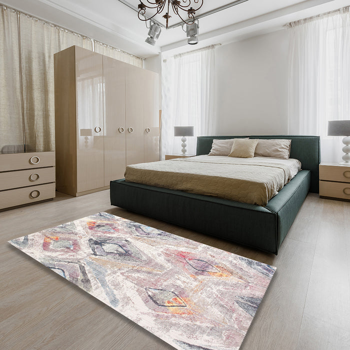 Contemporary Dark White Beige Modern Rug in a Bedroom, con980