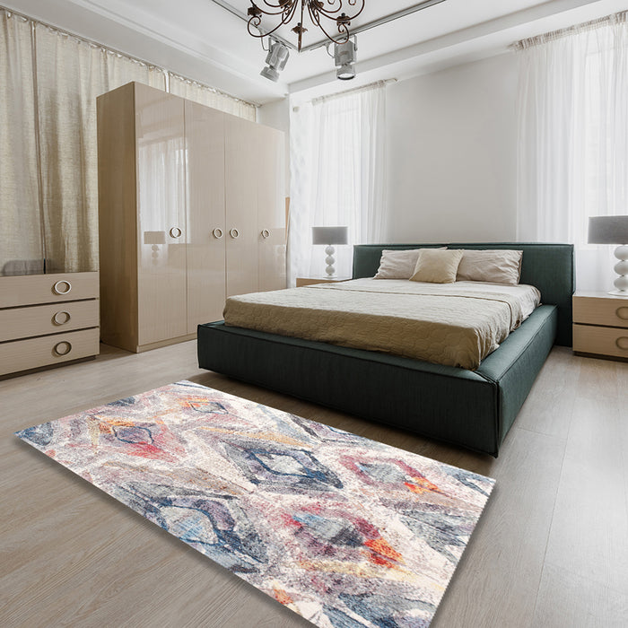 Contemporary Dark White Beige Modern Rug in a Bedroom, con982