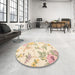 Round Contemporary Golden Blonde Gold Floral Rug in a Office, con984