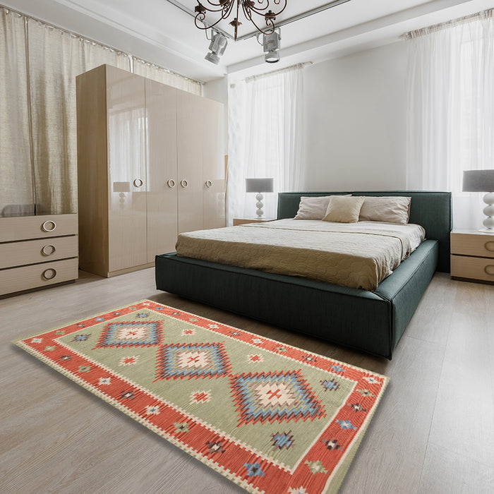 Contemporary Light French Beige Brown Oriental Rug in a Bedroom, con992