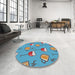 Round Machine Washable Transitional Diamond Blue Rug in a Office, wshpat1000