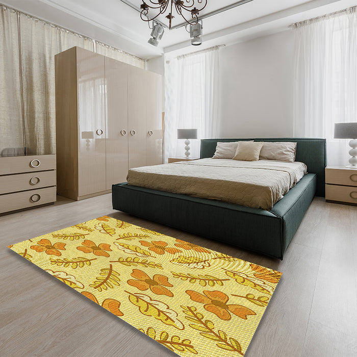 Round Machine Washable Transitional Bold Yellow Rug in a Office, wshpat1003yw