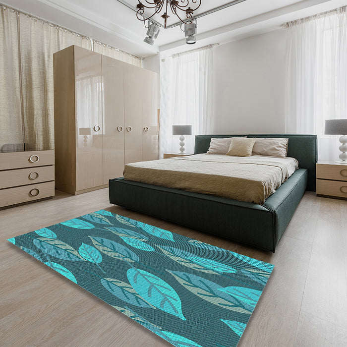 Patterned Dark Turquoise Green Rug in a Bedroom, pat1009lblu