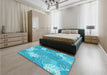 Patterned Bright Turquoise Blue Rug in a Bedroom, pat1016lblu