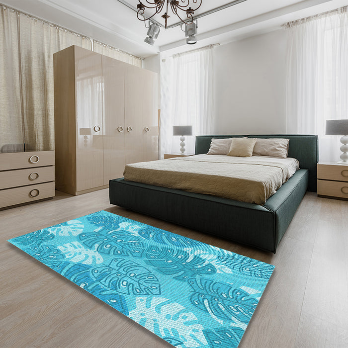 Patterned Bright Turquoise Blue Rug in a Bedroom, pat1016lblu