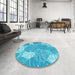 Round Patterned Bright Turquoise Blue Rug in a Office, pat1016lblu