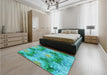 Patterned Bright Turquoise Blue Rug in a Bedroom, pat102lblu