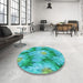 Round Patterned Bright Turquoise Blue Rug in a Office, pat102lblu