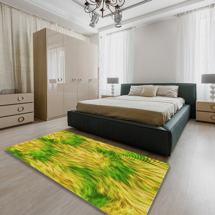 Patterned Dark Yellow Green Rug in a Bedroom, pat102yw