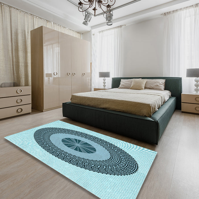 Round Machine Washable Transitional Deep-Sea Green Rug in a Office, wshpat1020lblu