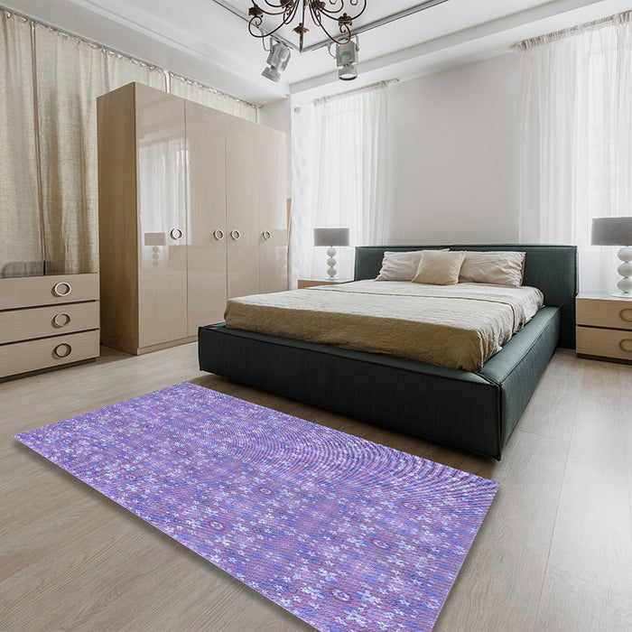 Patterned Purple Mimosa Purple Rug in a Bedroom, pat1025blu