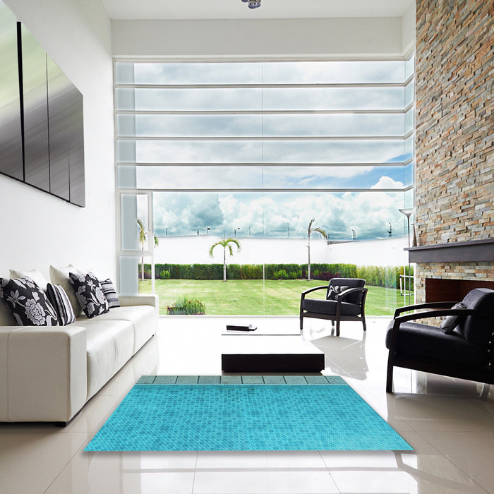 Square Patterned Bright Cyan Blue Rug in a Living Room, pat1030lblu