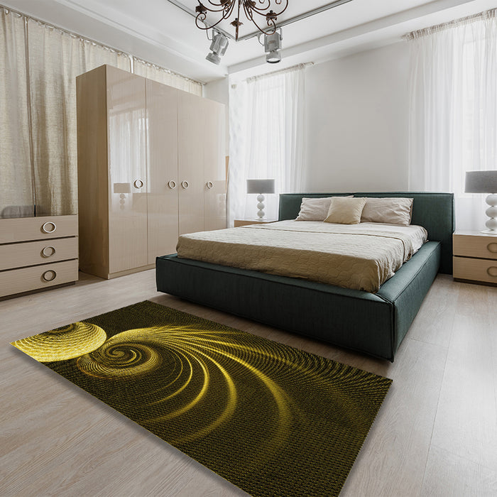 Patterned Dark Yellow Green Rug in a Bedroom, pat1031yw