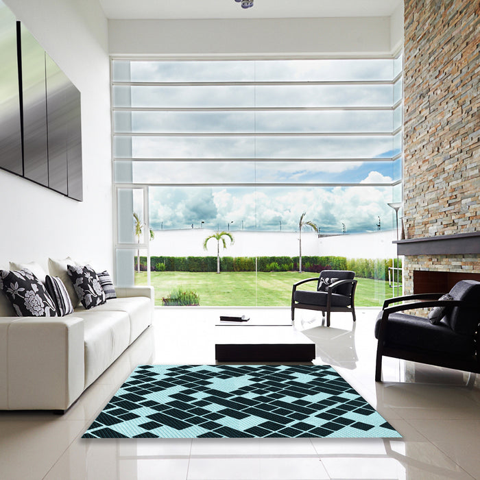 Square Patterned Tiffany Blue Rug in a Living Room, pat1040lblu