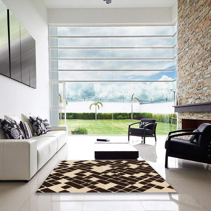 Square Patterned Black Brown Rug in a Living Room, pat1040org