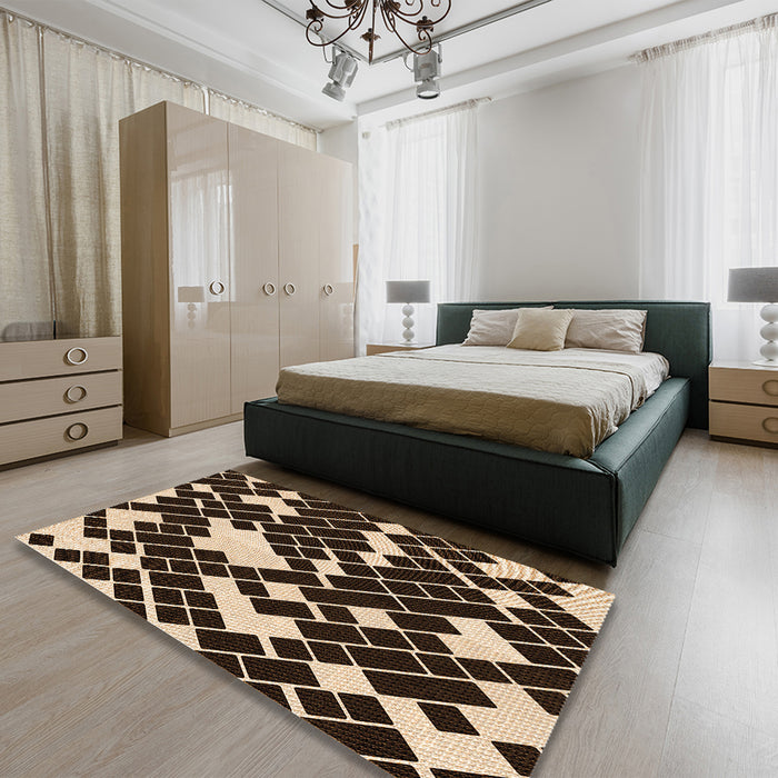 Patterned Black Brown Rug in a Bedroom, pat1040org