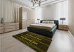 Patterned Black Rug in a Bedroom, pat105yw