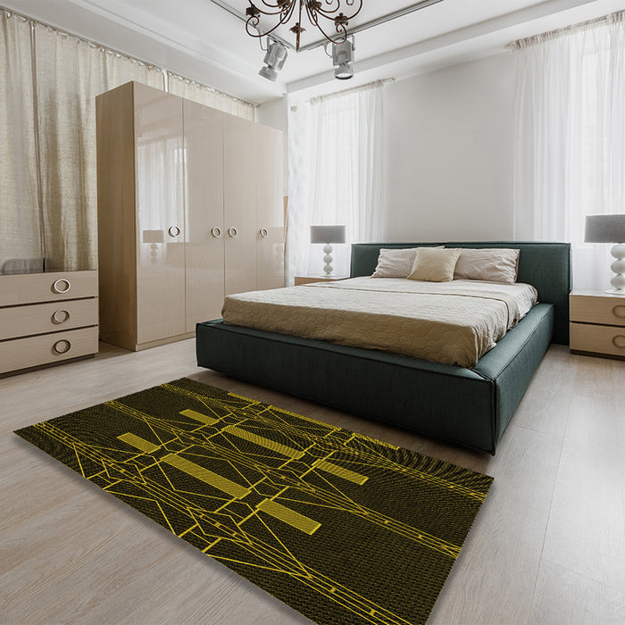 Patterned Black Rug in a Bedroom, pat105yw