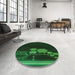 Round Patterned Black Rug in a Office, pat1056grn