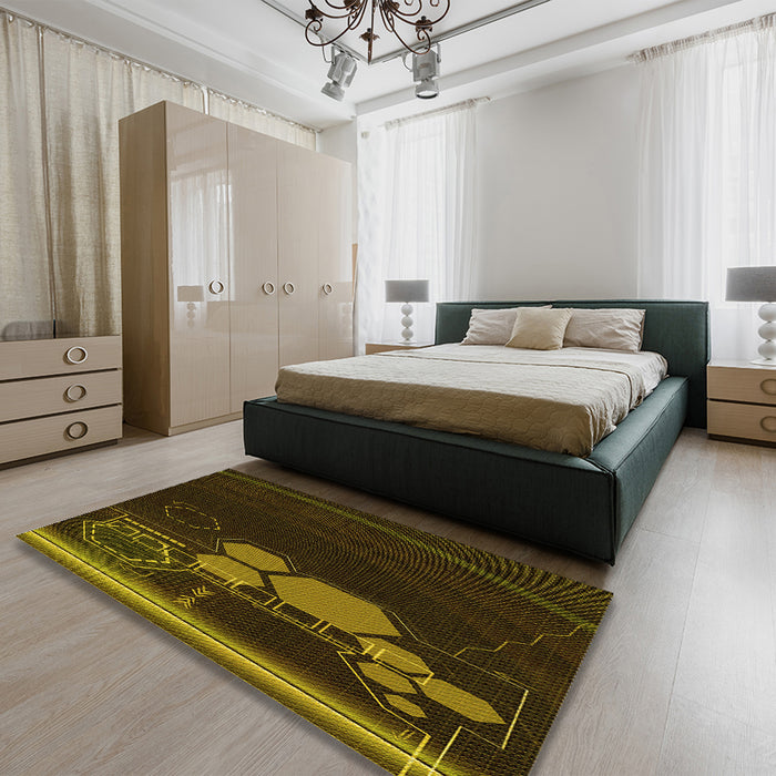 Patterned Dark Yellow Green Rug in a Bedroom, pat1056yw