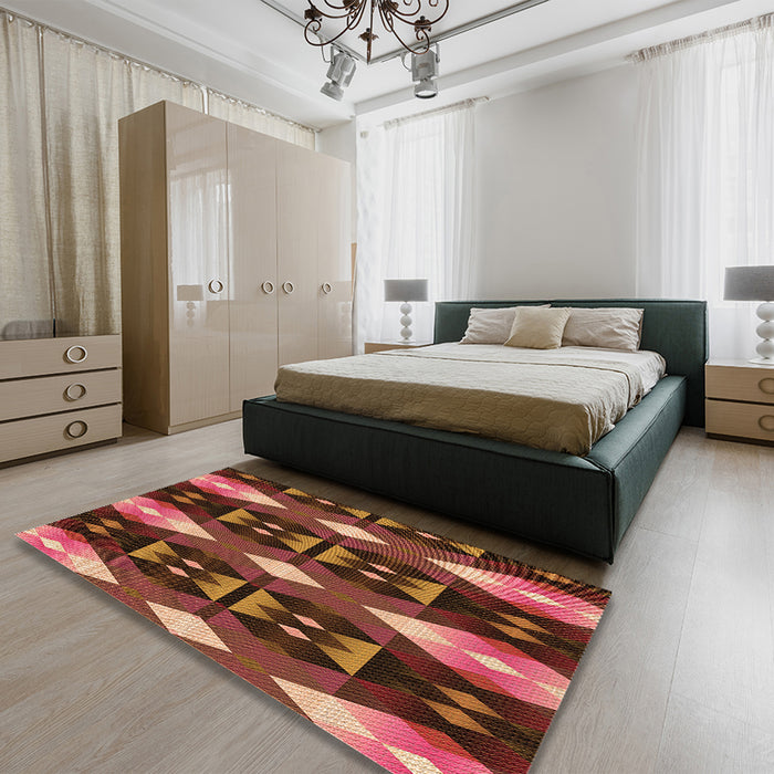 Patterned Saffron Red Rug in a Bedroom, pat106org