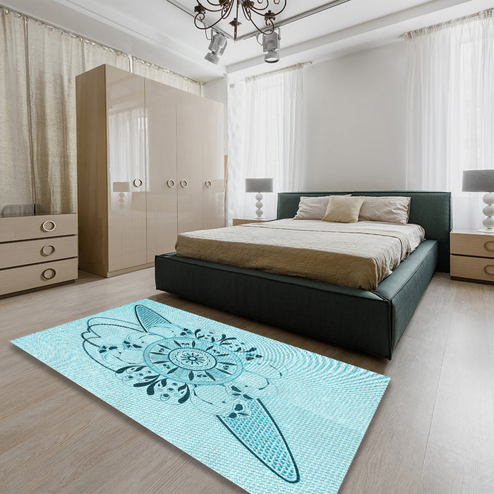 Patterned Electric Blue Rug in a Bedroom, pat1074lblu