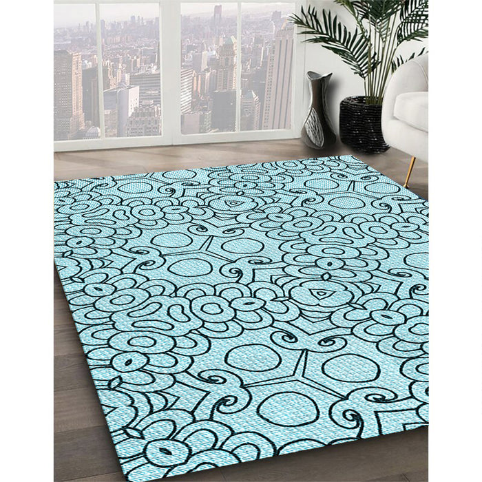 Patterned Deep-Sea Green Rug in Family Room, pat1076lblu