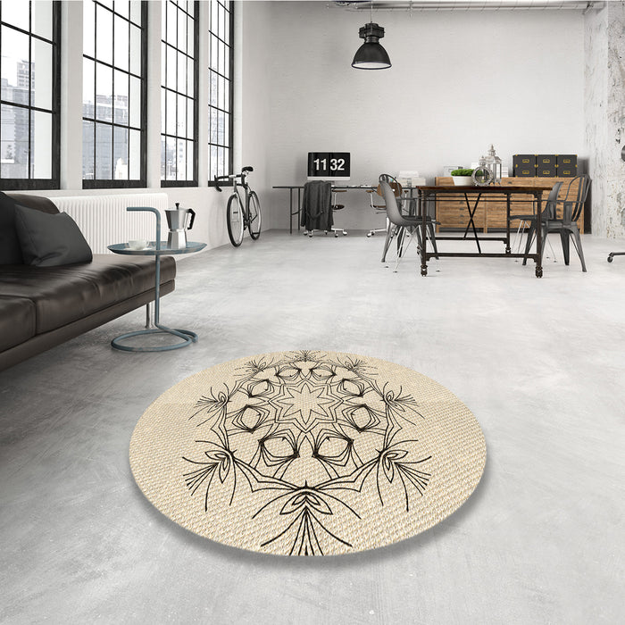 Round Patterned Moccasin Beige Rug in a Office, pat1078brn