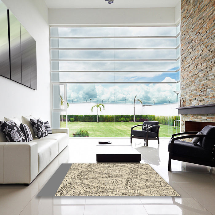 Square Patterned Dark Almond Brown Rug in a Living Room, pat1082brn
