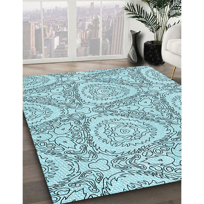 Patterned Deep-Sea Green Rug in Family Room, pat1082lblu