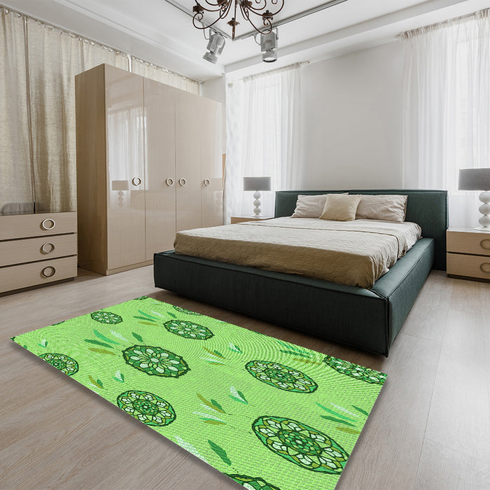 Patterned Emerald Green Rug in a Bedroom, pat1084grn