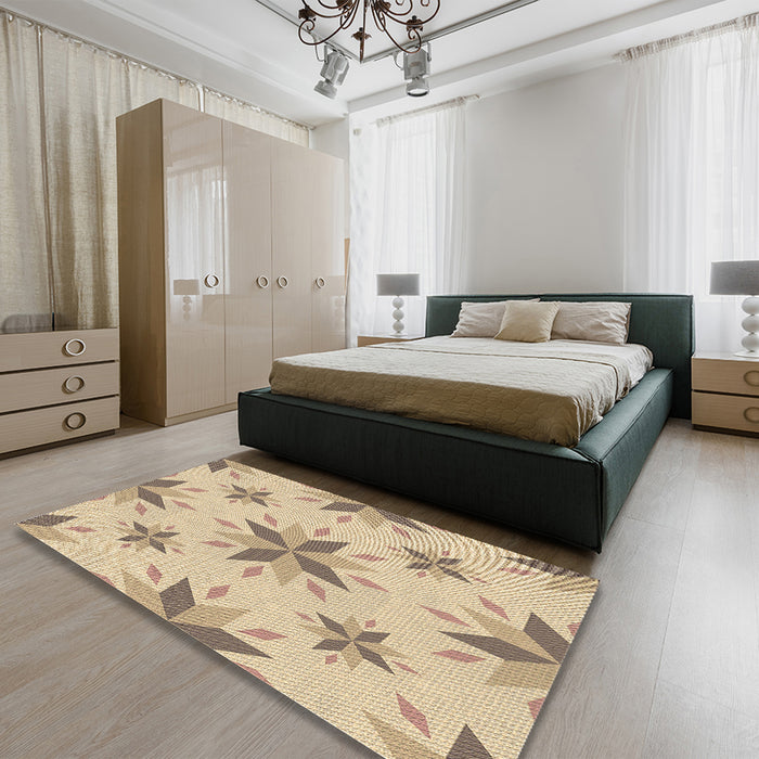 Patterned Brown Gold Rug in a Bedroom, pat1087brn