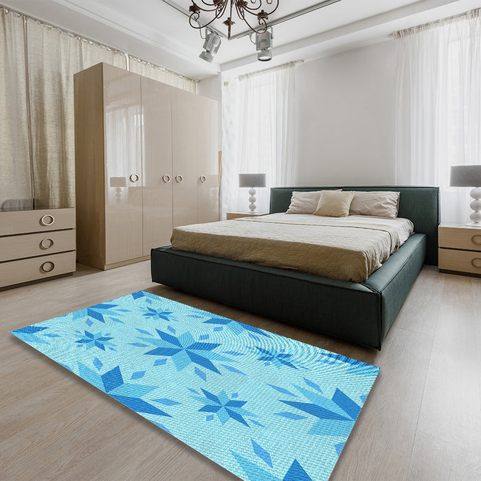 Patterned Deep Sky Blue Rug in a Bedroom, pat1087lblu